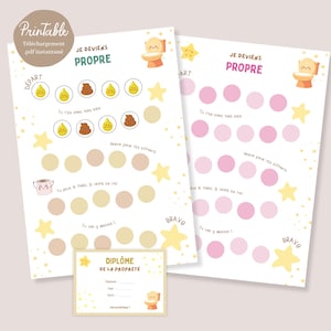May include: Printable potty training charts with the text "JE DEVIENS PROPRE" and a diploma. The charts feature illustrations of a toilet, stars, and circles for tracking progress. The color scheme includes yellow, pink, and brown.