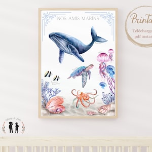 Póster infantil de animales marinos - ballenas, tortugas, peces... - Póster del océano - PDF digital