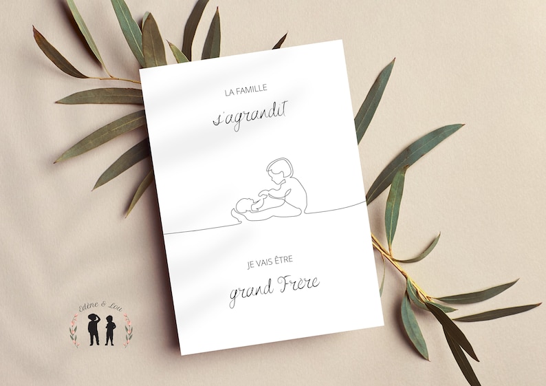 Carte annonce de grossesse bébé ligne - grand frère - annonce deuxième grossesse - line art baby - pregnant - pdf numérique image 1