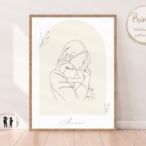 Minimalistisches Boho-Deko-Poster für Mama und Baby – Strichzeichnung – Strichzeichnungen für Mama und Baby – digitales PDF