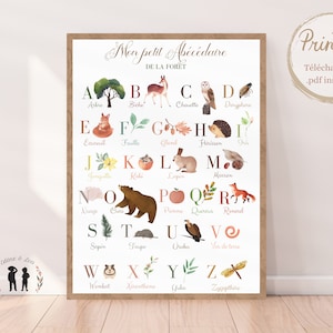 Cartel del alfabeto del bosque - alfabeto infantil y bebé - versión digital PDF - animales, insectos, plantas