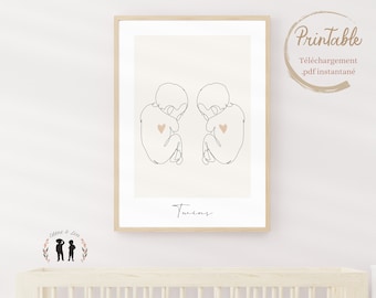 Affiche jumeaux bébé ligne - bébé coeur - twins line art - minimaliste - pdf numérique