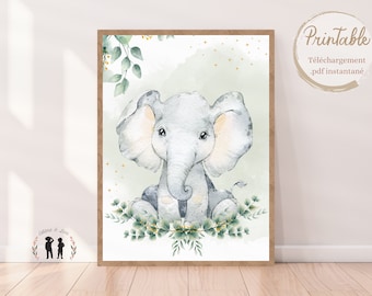 Affiche décorative éléphant et eucalyptus - affiche décorative chambre bébé et enfant - pdf numérique