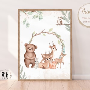 Póster decorativo amigos del bosque - Oso, cierva, ciervo, conejo - Póster decorativo para habitación de bebé y niño - pdf digital