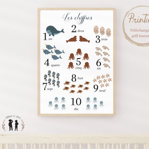 Póster números de animales marinos - números de niños y bebés - versión digital PDF