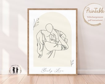 Affiche décorative minimaliste boho maman & bébé - dessin ligne - line art mom and baby - Pdf numérique