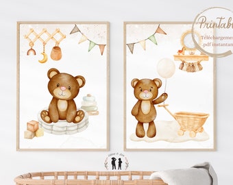 Dúo de carteles de osito marrón bohemio - - 2 carteles para descargar - decoración habitación bebé - cartel decorativo - pdf digital
