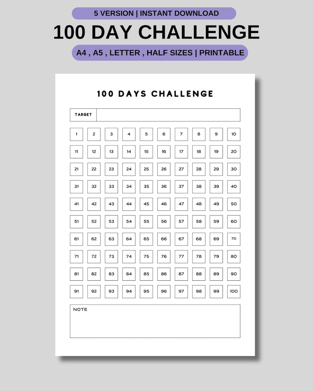 100 Day Challenge Tracker Template Printable/digital - Etsy