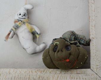 Halloween Pumpkin and Ghost Set Halloween Squad Funny OOAK, textile sculpture