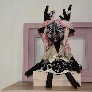 Deer Girl - OOAK Handmade Art Doll, Unique Textile Sculpture, Collectible Home Decor, Creepy Cute Gift Idea