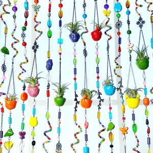 Boho Beaded Curtain Strand Ceramic Air Plant Holder / Unique Colorful Handmade Bohemian Hippie Window Decor / One-of-a-Kind Art / One Strand