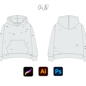 May include: A light gray hoodie with a distressed look. The hoodie has a pouch pocket and a drawstring hood.