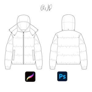 May include: Line drawing of a hooded puffer jacket with a zip closure and a popper on the hood. The jacket is shown from the front and back.