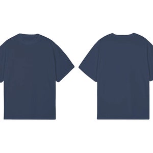 May include: A plain navy blue t-shirt with short sleeves. The t-shirt is shown from the front and back.