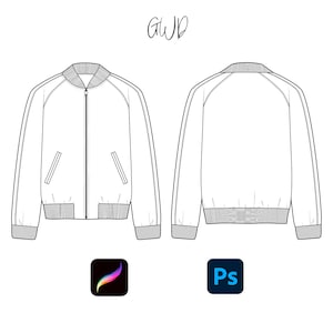 Puede incluir: Un dibujo en blanco y negro de una chaqueta bomber con cierre de cremallera y dos bolsillos. La chaqueta se muestra de frente y de espalda.