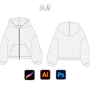 May include: Line drawing of a hooded sweatshirt with a zipper and a pocket. The sweatshirt is shown from the front and back.