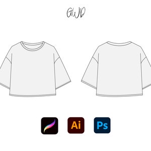 May include: Line drawing of a white cropped t-shirt with short sleeves. The t-shirt is shown from the front and back. The image includes the text "GWD".