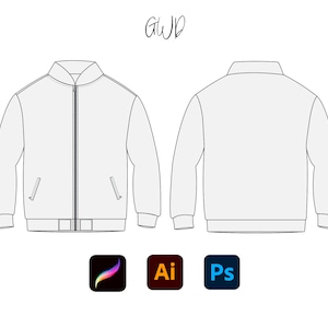 May include: A white bomber jacket design, displayed from the front and back. The jacket features a zip, pockets, and ribbed cuffs and hem. The image also includes the text "GWD" and icons for design software: Procreate, Adobe Illustrator, and Adobe Photoshop.