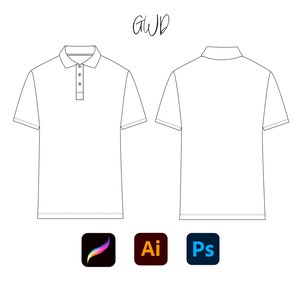 May include: A black and white line drawing of a polo shirt, showing the front and back views. The shirt has a collar and short sleeves.
