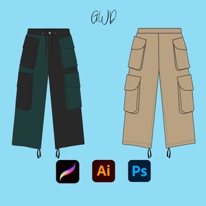 May include: Two pairs of cargo pants. The first pair is black and teal green with a drawstring waist. The second pair is beige with a drawstring waist.