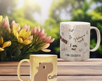 Two beautiful mugs: Capybara and Inspirational Quotes, Animal-Themed Drinkware, Perfect for Morning Coffee, Great Birthday Gift.