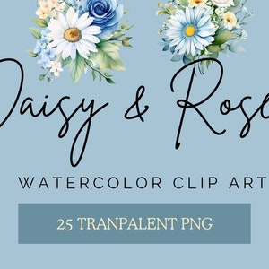 Blue and White Floral Watercolor Clipart Pack for commercial use, Blush Roses & Daisy Flowers, Transparent PNGs, Bouquet