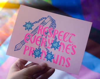 Respect Everyone's Pronouns - Medieval Flail 5x7 Trans Flag Risograph Print | Wall Decor | Art Print