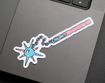 Medieval Weapon Flail Trans Pride Flag Sticker with Holographic Stars Vinyl Weatherproof
