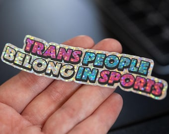 Glitter Trans People Belong In Sports Trans Flag Sticker Waterproof Dishwasher safe