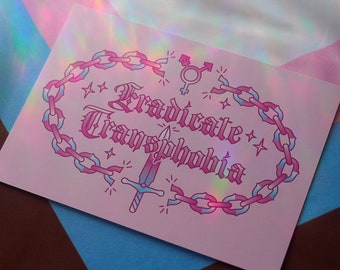 Erradicar la transfobia - Impresión de la bandera trans de 5 x 7 con cadena de espadas / Decoración de pared / Impresión artística