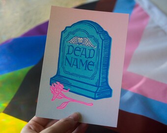 Dead Name - Death's Head Headstone 5x7 Trans Flag Risograph Print | Wall Decor | Art Print