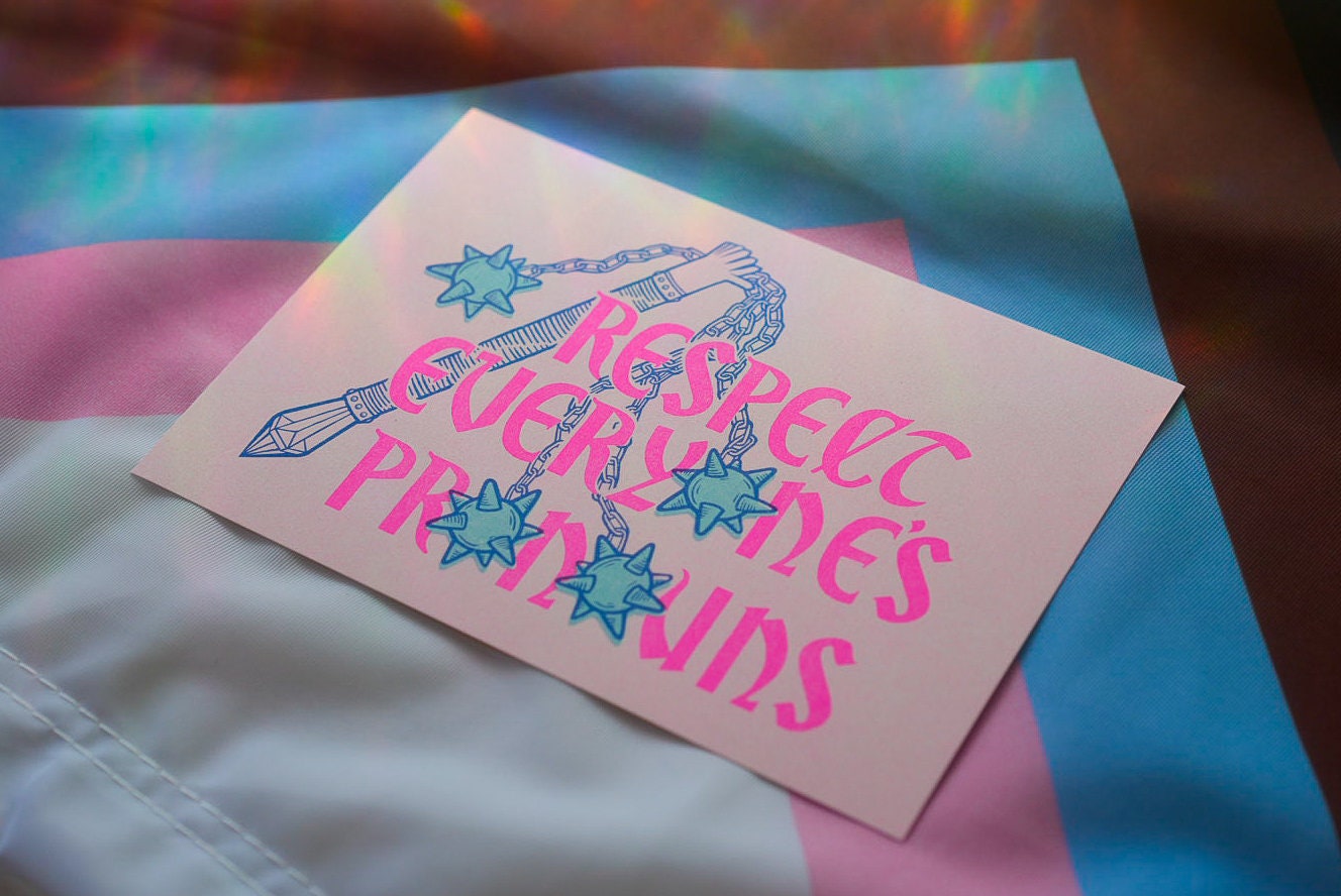 Respect Everyone's Pronouns - Medieval Flail 5x7 Trans Flag Risograph ...