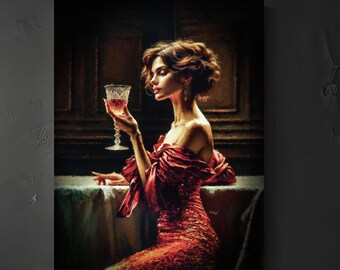 lady in the red dress wine Lady in Red Dress Having Red Wine Picture Print on Framed Canvas Wall Art