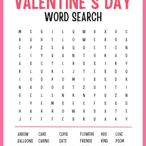 May include: A pink and white Valentine's Day word search puzzle with the words "Valentine's Day" and "Word Search" in bold black text. The puzzle has 10 rows and 10 columns of letters. Below the puzzle is a list of 14 words to find in the puzzle, including "arrow", "balloons", "candy", "card", "caring", "cuddle", "cupid", "date", "february", "flowers", "friends", "heart", "hug", "kind", "kiss", "love", "poem", and "roses".