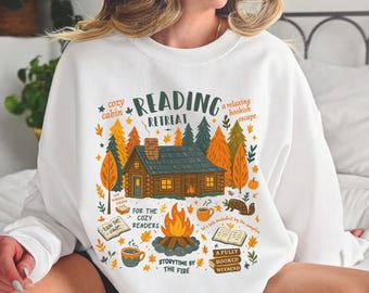 Cosy Cabin Reading Retreat Sweatshirt, herfst schoolse T-shirt, herfst gezellige lezers hoodie, cadeau voor boekenliefhebber, Pumpkin Spice Book-sweater