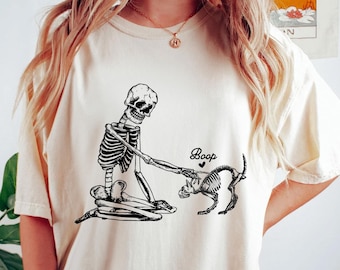 Halloween Black Cat And Skeleton Hand Boop T-Shirt, Black Cat Shirt, Skeleton Hand Shirt, Halloween Cat Shirt, Cat Lover Gift,Comfort Colors
