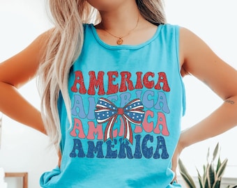 4th of July Bows Tank Top, Coquette 4th of July Tank Top, American Flag Tank Top, USA Tank Top, Patriotic Top, Bow Tank, American Girly Gift