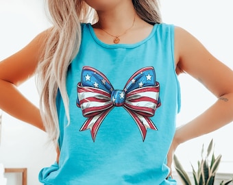 Coquette 4th of July Bow Tank Top, Soft Girl Patriotic Tank Top, Cute Independence Day Tank Top, American Girly Gift, Fourth of July Country