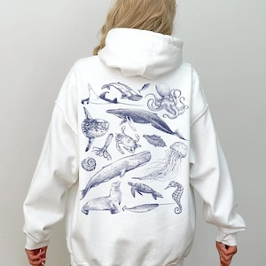 Underwater Sea Animal Vintage Hoodie, Gift For Marine Biologist-Ocean-Sealife-Nature Lover Shirt, Oceancore Humpback Orca Jellyfish Pullover