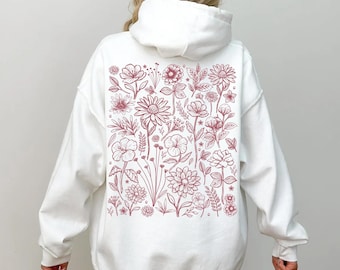 Pink Wildflower Hoodie Flower Hoodie Cute Womens Hoodie Oversized Hoodie Light Pink  Hoodie Plant Hoodie Granola Girl Aesthetic Hoodies
