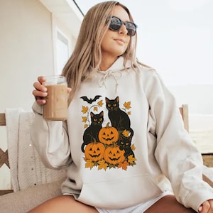 Halloween-sweater Black Cat & Pumpkins: retro T-shirt met print