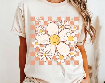 Chemise à carreaux smiley fleurs, sourire rétro, t-shirt graphique vintage tendance, T-shirt à carreaux, chemise oversize Happy Face pour femme
