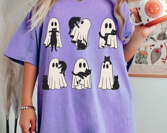 Ghost Cat Shirt, Comfort Colors® Cat Ghost T-Shirt, Cute Cat Lovers Shirt, Retro Ghost Halloween, Halloween Cat T-shirt, Spooky Season Gift