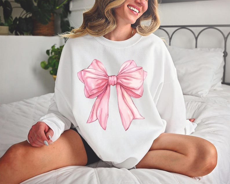 Bow Coquette Sweatshirt, Bow Minimalist Crewneck, Ribbon Sweatshirt, Aesthetic Trendy Pink Bow Sweatshirt, Coquette Shirt, Bow Crewneck Gift image 2