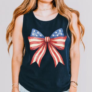 Comfort Colors® 4th of July Tank Top, Coquette American Flag Tank Top, USA Bow Tank, 4th of July, Women&#39;s Patriotic Tank, Red White and Blue