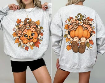 Coquette Pumpkin Sweatshirt, Leopard Bow Fall Crewneck, Cute Halloween Shirt, Autumn Pumpkin Pullover, Front and Back Print