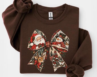 Christmas Bow Sweatshirt, Vintage Santa Bow Crewneck, Coquette Christmas Shirt, Retro Christmas Sweatshirt, Cute Holiday Hoodie