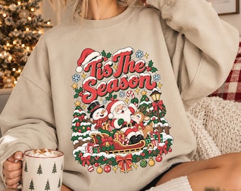 Vintage Santa Christmas Sweatshirt Trendy 90s Christmas Shirt Cute Tis The Season Holiday Crewneck Retro Xmas Sweater Preppy Reindeer