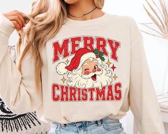 Merry Christmas Long Sleeve Shirt, Comfort Colors Santa Shirt, Oversized Womens Winter Shirt for Her, Retro Holiday Trendy Christmas Tshirt
