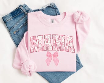 Coquette Pink Mama Sweatshirt, Cute Pink Bow Mama Shirt, Popular Mother Tee, Trendy Mother Gift, Mother Day Gift, Pink Coquette Bow Mama Tee